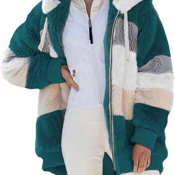 DOKOTOO dreamy plush colorblock hooded ZIP sweater jacket teal grey white M - Picture 8 of 8